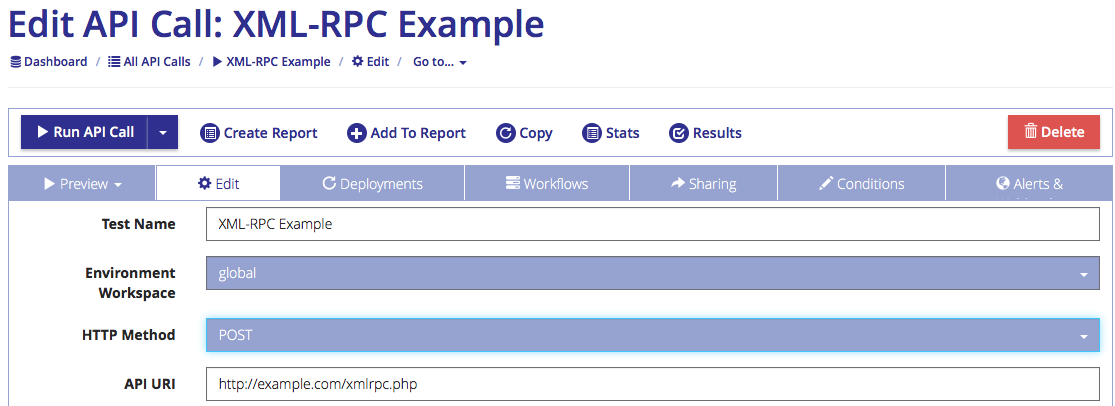 Selecting the POST method when configuring an XML-RPC API call in APIContext